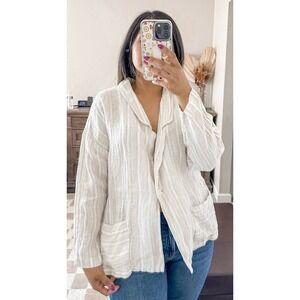 Free People Womens‎ Simply Striped Linen Blazer Oversized Tan Button Size Small